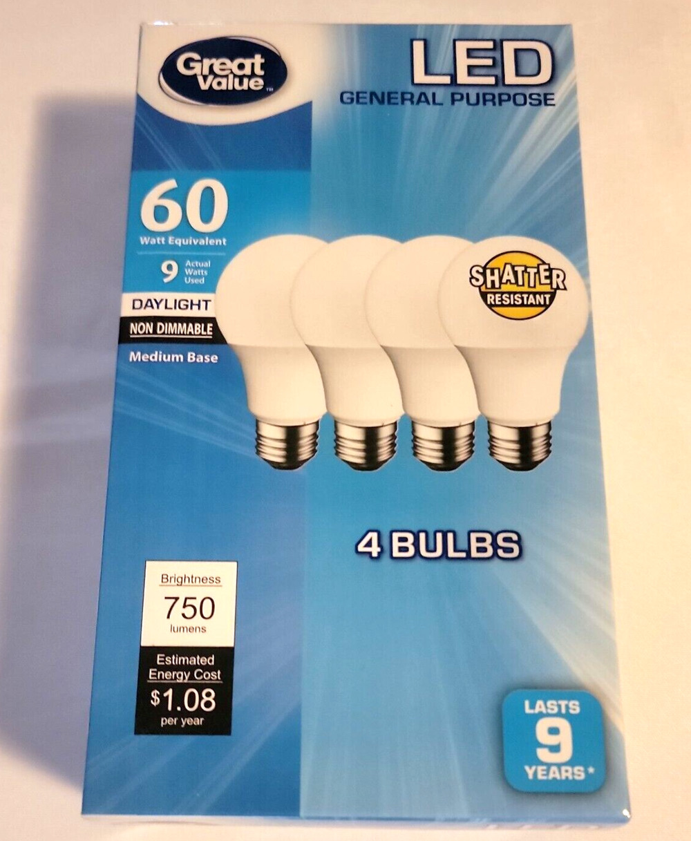 Great Value LED 4 pack 9W Daylight Light Bulbs Shatter Resistant Non Dimmable